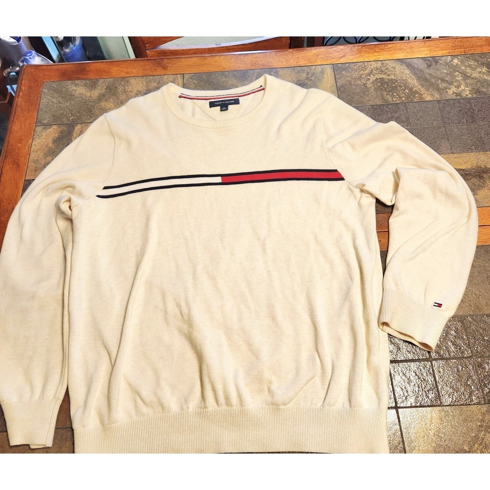 Tommy Hilfiger Adaptive Logo  Stripe Crewneck Cotton Knit Pullover  Sweater Sz L